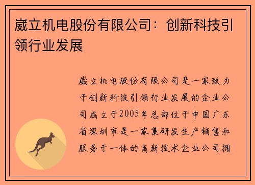 崴立机电股份有限公司:创新科技引领行业发展